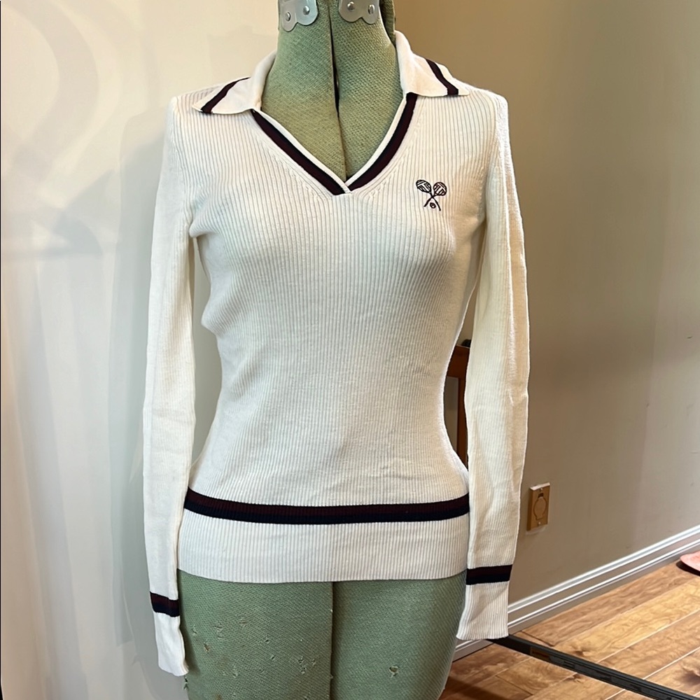 Tory Sport merino wool tennis Cream V-Neck Sweater with Black Trim